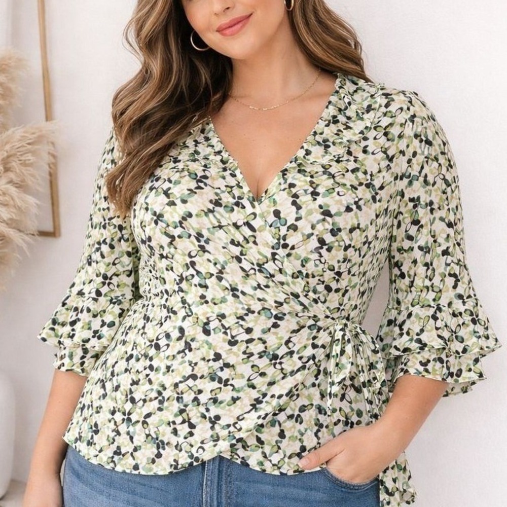 Cato Womens Top XL Black Green Whimsical Floral Wrap Ruffle Balloon Retro Y2K